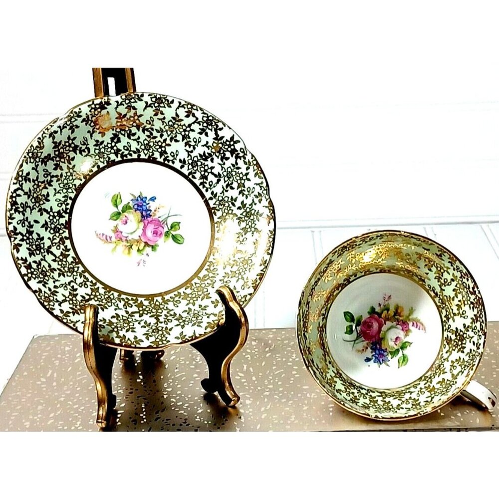 STANLEY ENGLAND QUEEN ANNE TEA CUP TEACUP SAUCER  MINT GREEN ROSE 24K GOLD - Picture 2 of 8